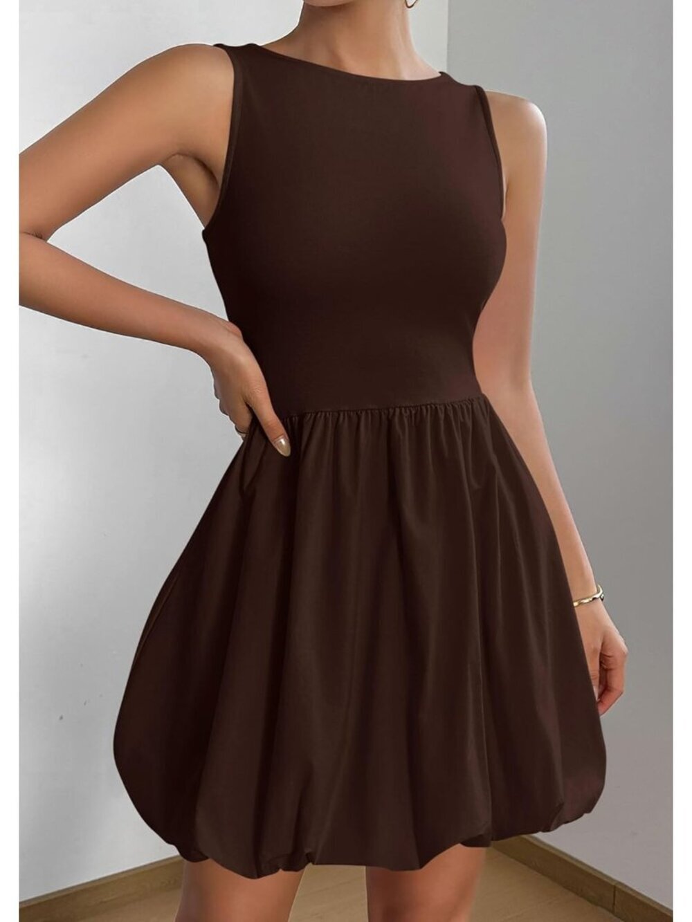 〽️Women's Brown Casual Sleeveless Tank Crew Neck Short Cocktail Mini Dress